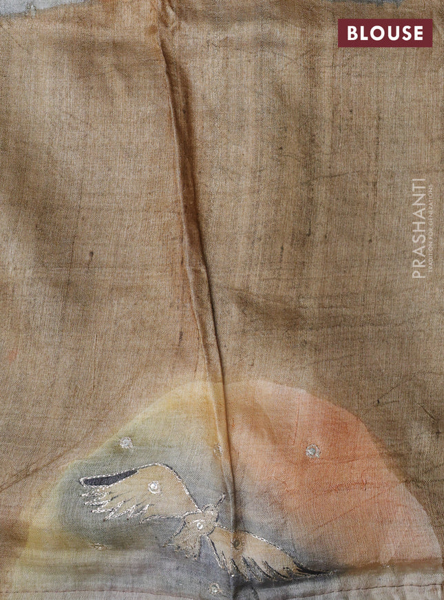 Pure tussar silk saree pastel brown and sandal with tie & dye prints and pita work pallu