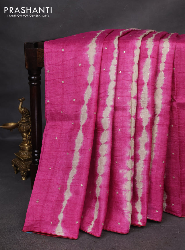 Pure tussar silk saree pink and grey shade with tie & dye prints and pita work pallu