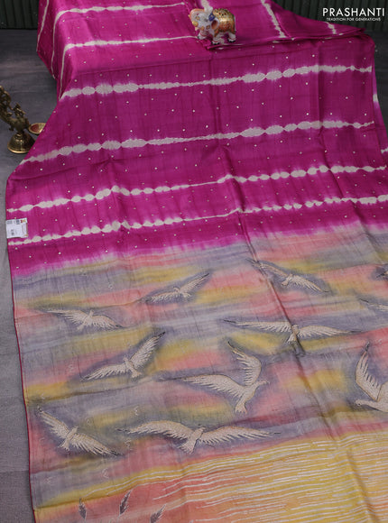 Pure tussar silk saree pink and grey shade with tie & dye prints and pita work pallu