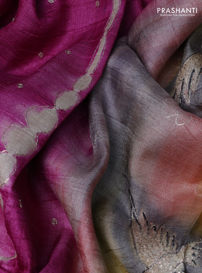 Pure tussar silk saree pink and grey shade with tie & dye prints and pita work pallu