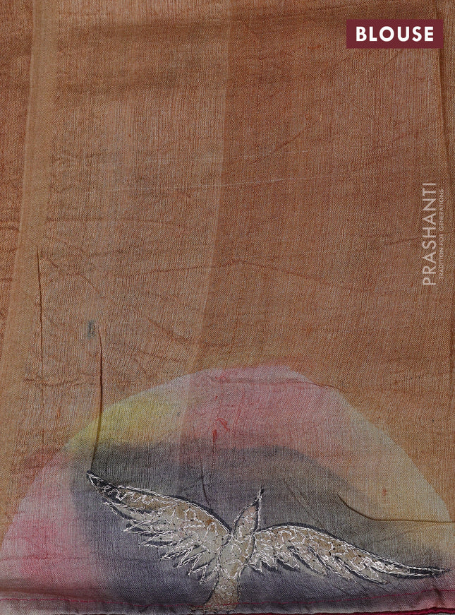 Pure tussar silk saree pink and grey shade with tie & dye prints and pita work pallu