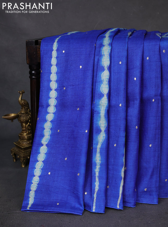 Pure tussar silk saree blue and light green with tie & dye prints and pita work pallu