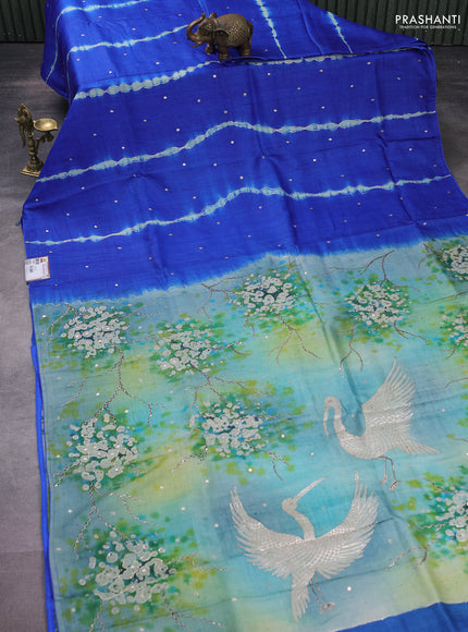 Pure tussar silk saree blue and light green with tie & dye prints and pita work pallu