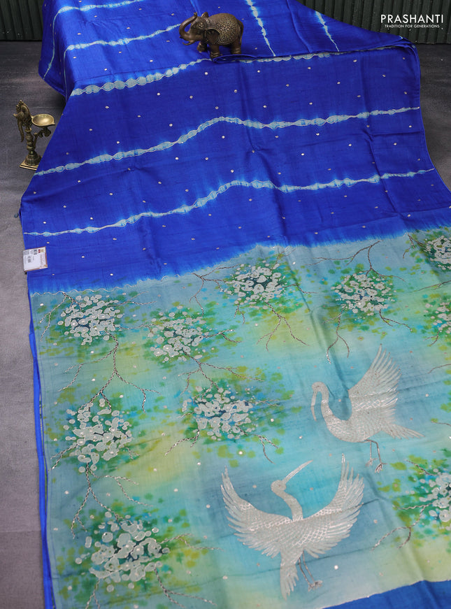 Pure tussar silk saree blue and light green with tie & dye prints and pita work pallu