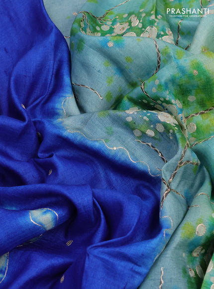 Pure tussar silk saree blue and light green with tie & dye prints and pita work pallu