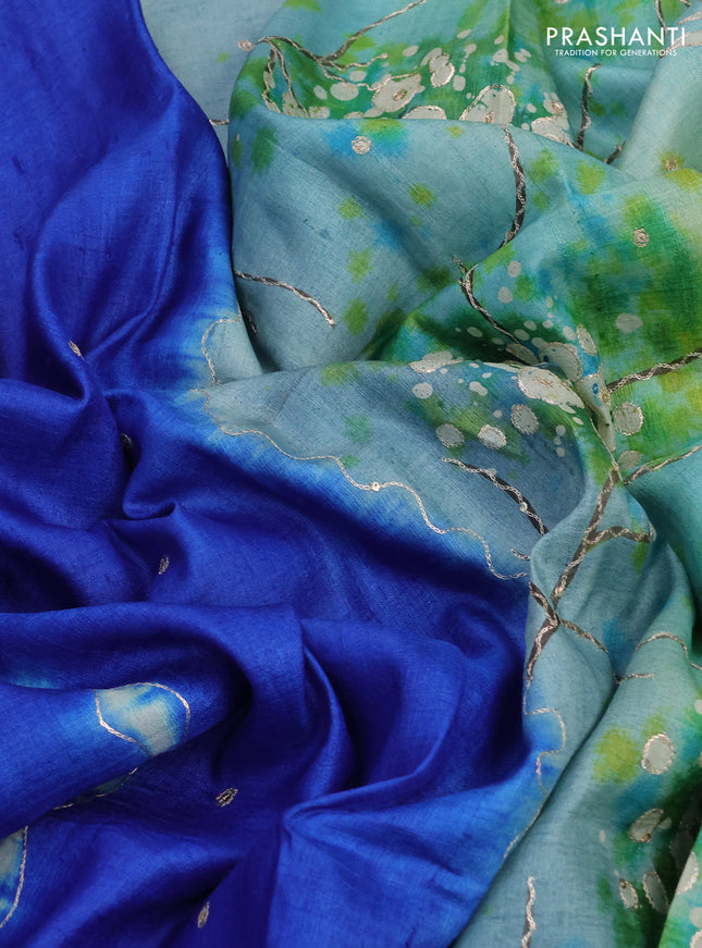 Pure tussar silk saree blue and light green with tie & dye prints and pita work pallu