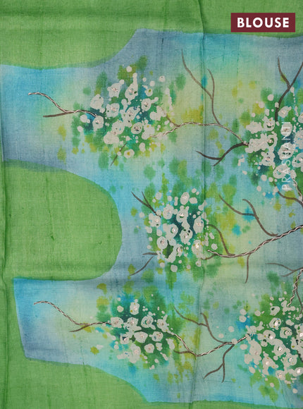 Pure tussar silk saree blue and light green with tie & dye prints and pita work pallu