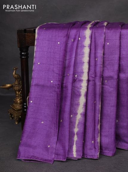 Pure tussar silk saree lavender and pastel brown shade with tie & dye prints and pita work pallu