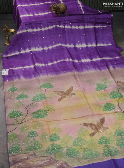Pure tussar silk saree lavender and pastel brown shade with tie & dye prints and pita work pallu