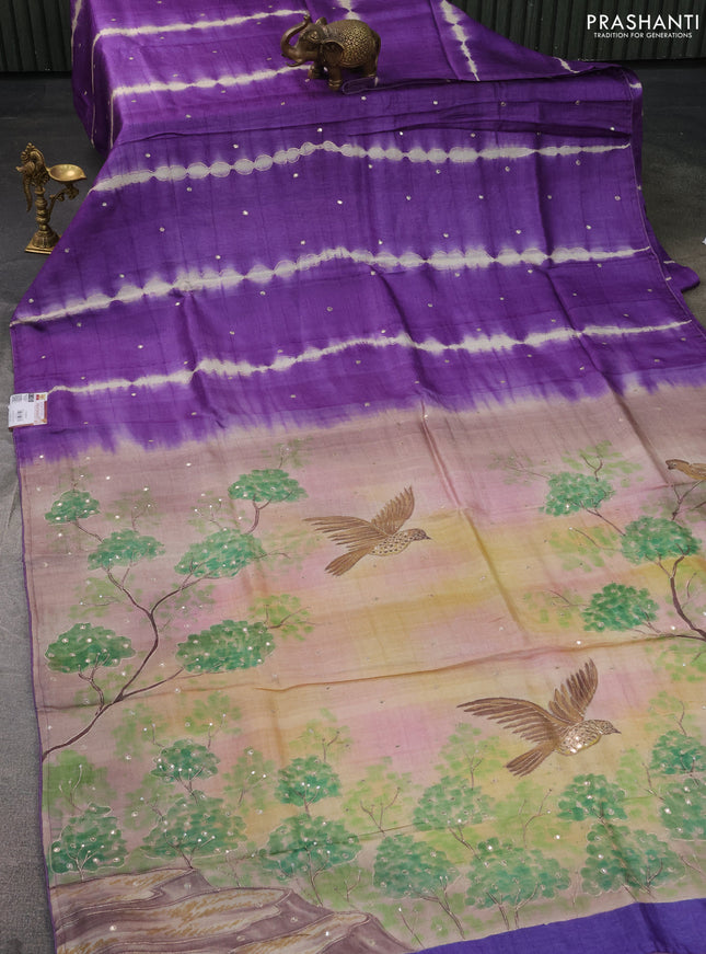 Pure tussar silk saree lavender and pastel brown shade with tie & dye prints and pita work pallu