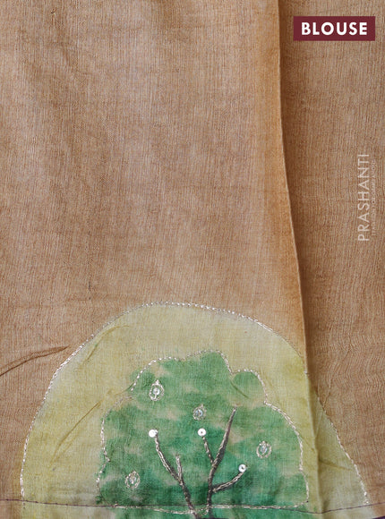 Pure tussar silk saree lavender and pastel brown shade with tie & dye prints and pita work pallu