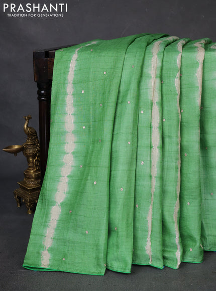 Pure tussar silk saree green and sandal with tie & dye prints and pita work pallu