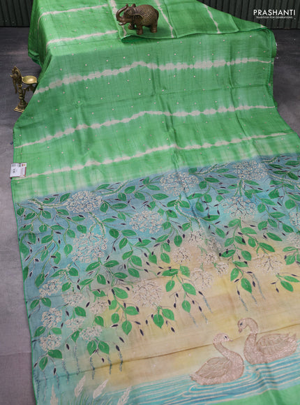 Pure tussar silk saree green and sandal with tie & dye prints and pita work pallu