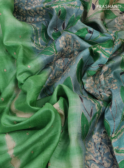 Pure tussar silk saree green and sandal with tie & dye prints and pita work pallu