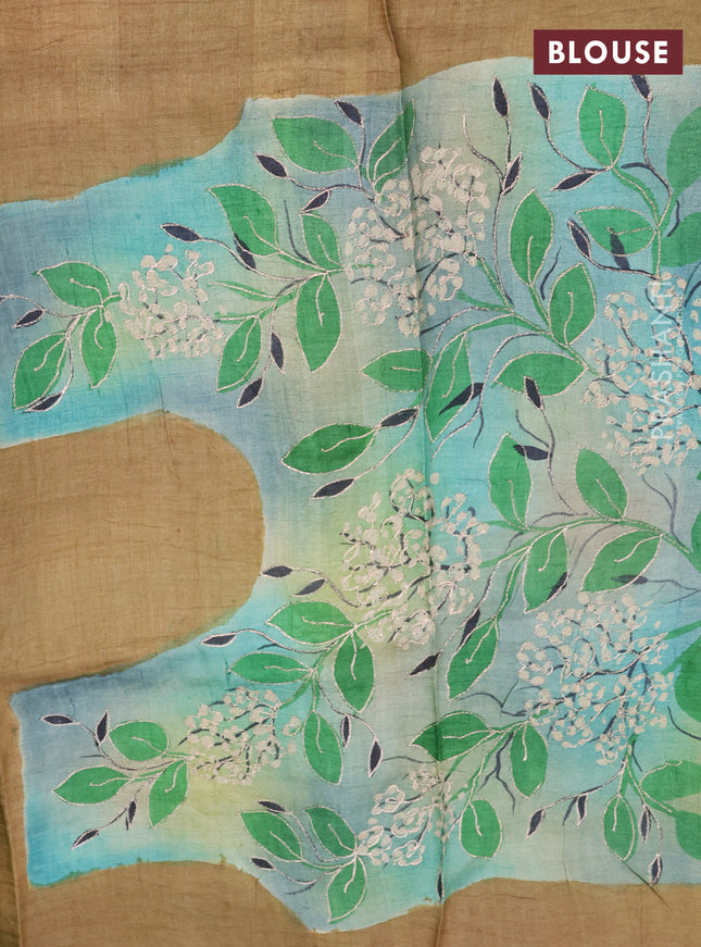 Pure tussar silk saree green and sandal with tie & dye prints and pita work pallu