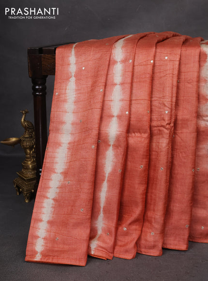 Pure tussar silk saree rust sahde and cream with tie & dye prints and pita work pallu