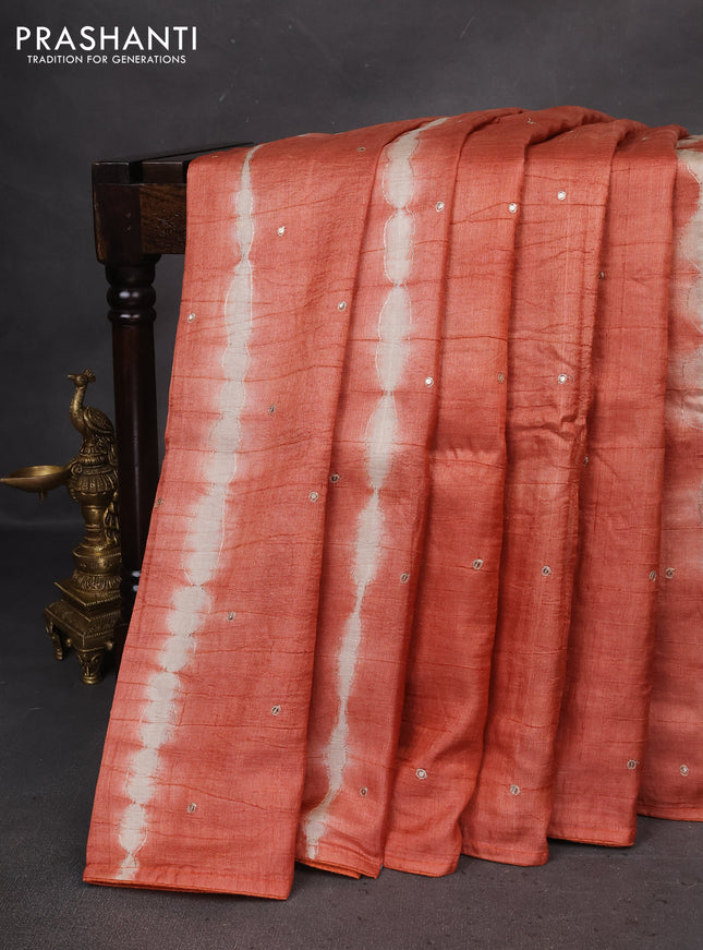 Pure tussar silk saree rust sahde and cream with tie & dye prints and pita work pallu