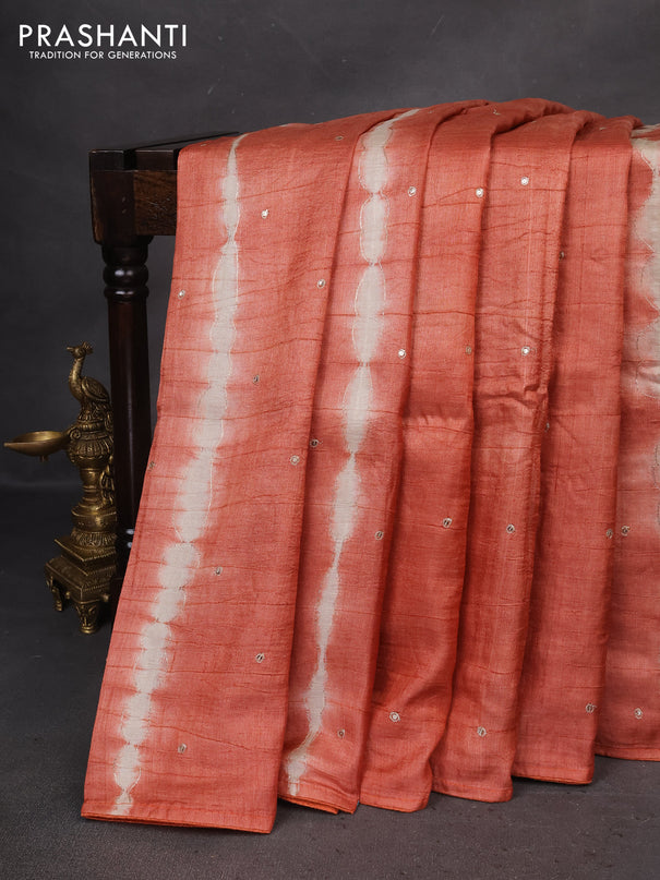 Pure tussar silk saree rust sahde and cream with tie & dye prints and pita work pallu