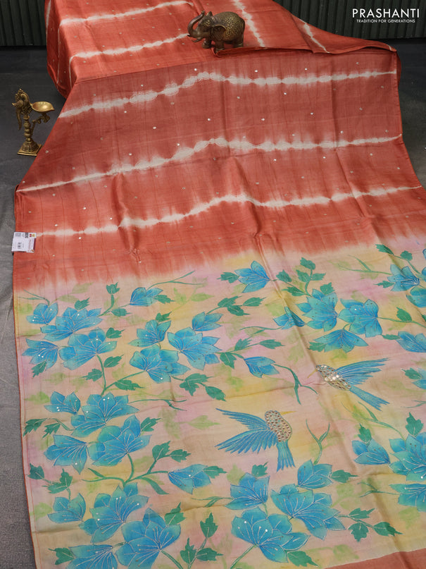 Pure tussar silk saree rust sahde and cream with tie & dye prints and pita work pallu