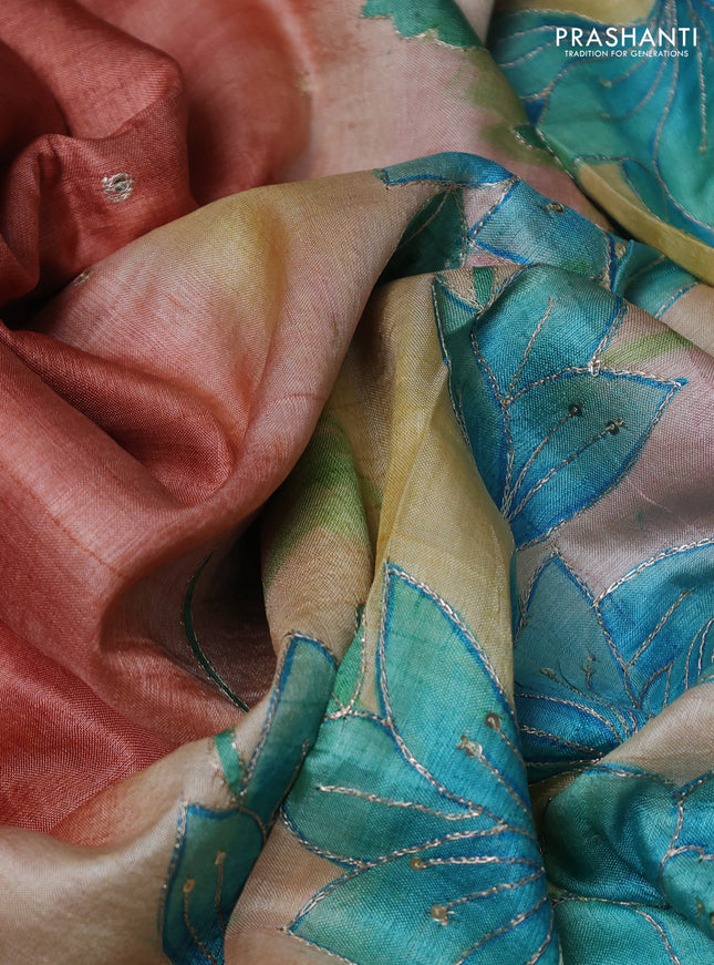 Pure tussar silk saree rust sahde and cream with tie & dye prints and pita work pallu