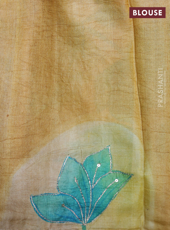 Pure tussar silk saree rust sahde and cream with tie & dye prints and pita work pallu