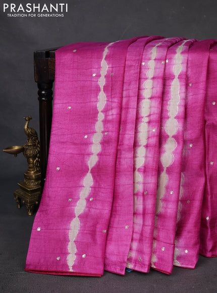 Pure tussar silk saree magenta pink and mild lavender with tie & dye prints and pita work pallu