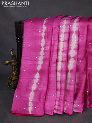 Pure tussar silk saree magenta pink and mild lavender with tie & dye prints and pita work pallu