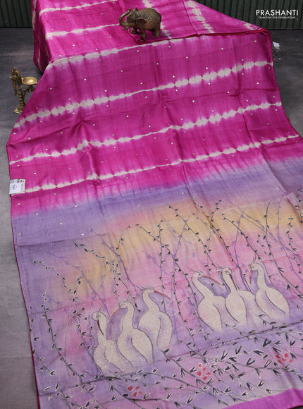 Pure tussar silk saree magenta pink and mild lavender with tie & dye prints and pita work pallu