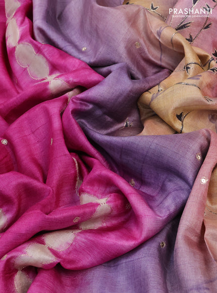 Pure tussar silk saree magenta pink and mild lavender with tie & dye prints and pita work pallu