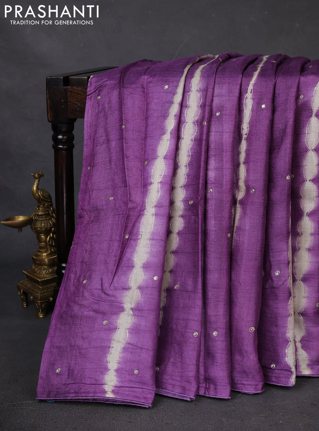 Pure tussar silk saree purple and pastel brown with tie & dye prints and pita work pallu