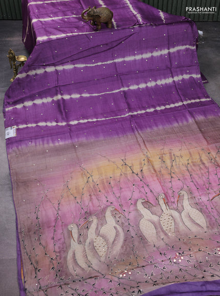 Pure tussar silk saree purple and pastel brown with tie & dye prints and pita work pallu