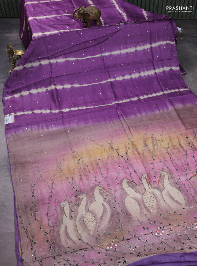 Pure tussar silk saree purple and pastel brown with tie & dye prints and pita work pallu
