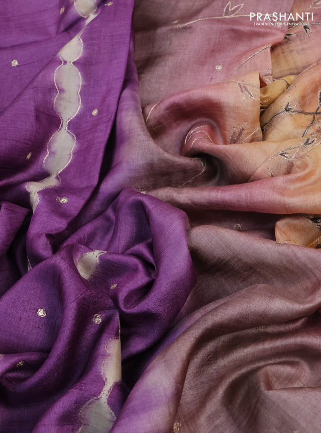 Pure tussar silk saree purple and pastel brown with tie & dye prints and pita work pallu