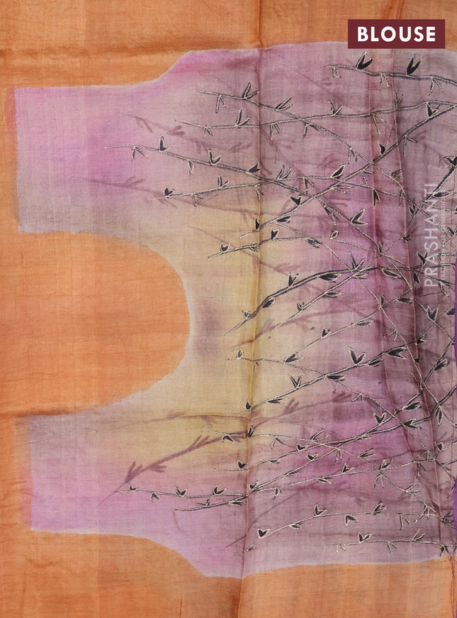 Pure tussar silk saree purple and pastel brown with tie & dye prints and pita work pallu