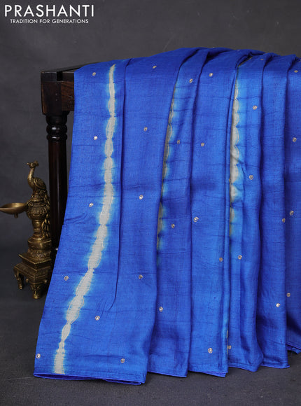 Pure tussar silk saree blue and cream with tie & dye prints and pita work pallu