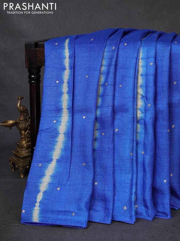 Pure tussar silk saree blue and cream with tie & dye prints and pita work pallu