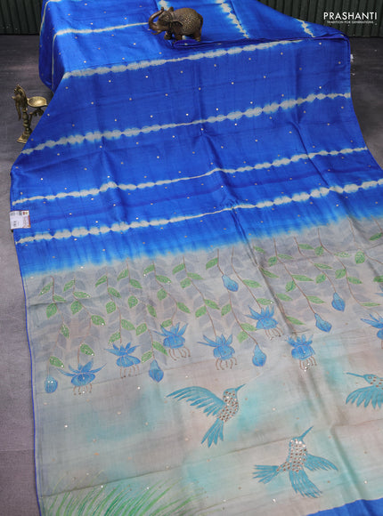 Pure tussar silk saree blue and cream with tie & dye prints and pita work pallu