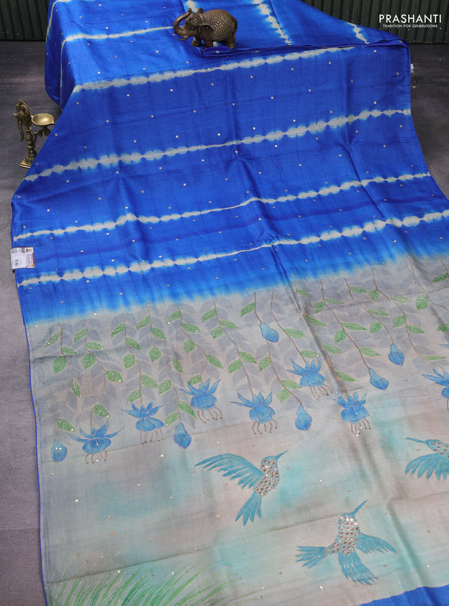 Pure tussar silk saree blue and cream with tie & dye prints and pita work pallu