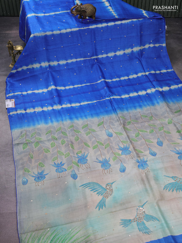 Pure tussar silk saree blue and cream with tie & dye prints and pita work pallu