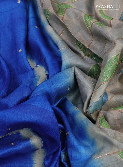 Pure tussar silk saree blue and cream with tie & dye prints and pita work pallu