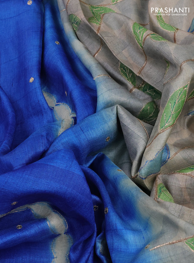 Pure tussar silk saree blue and cream with tie & dye prints and pita work pallu