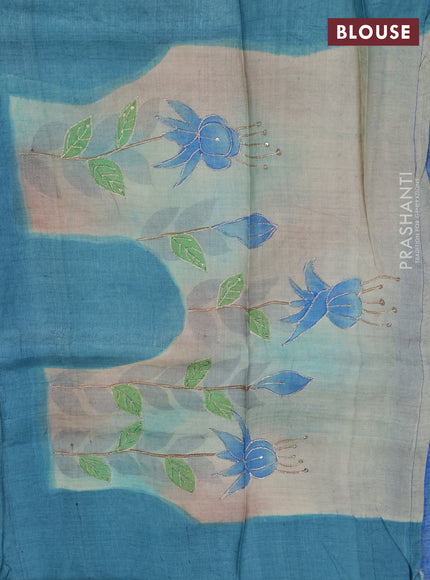 Pure tussar silk saree blue and cream with tie & dye prints and pita work pallu