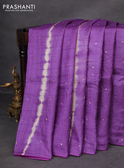 Pure tussar silk saree violet and sandal with tie & dye prints and pita work pallu