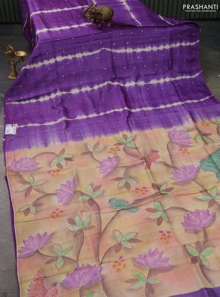 Pure tussar silk saree violet and sandal with tie & dye prints and pita work pallu