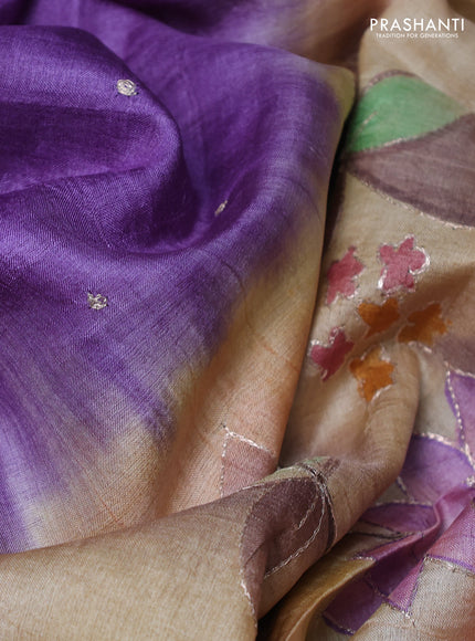 Pure tussar silk saree violet and sandal with tie & dye prints and pita work pallu