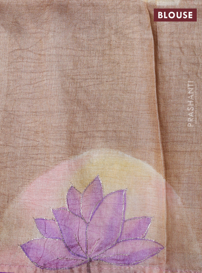 Pure tussar silk saree violet and sandal with tie & dye prints and pita work pallu