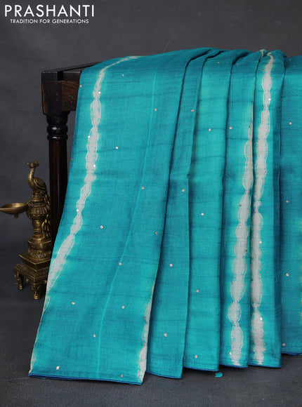 Pure tussar silk saree teal blue and cream with tie & dye prints and pita work pallu