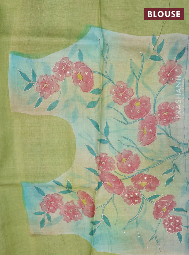 Pure tussar silk saree teal blue and cream with tie & dye prints and pita work pallu