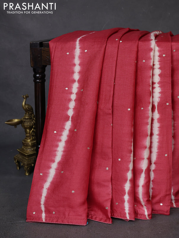 Pure tussar silk saree red and pastel peach with tie & dye prints and pita work pallu