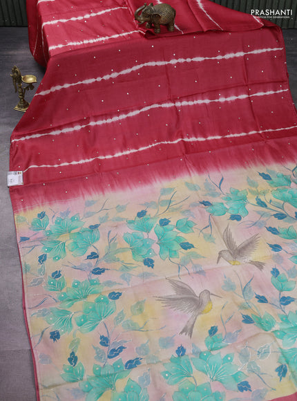 Pure tussar silk saree red and pastel peach with tie & dye prints and pita work pallu
